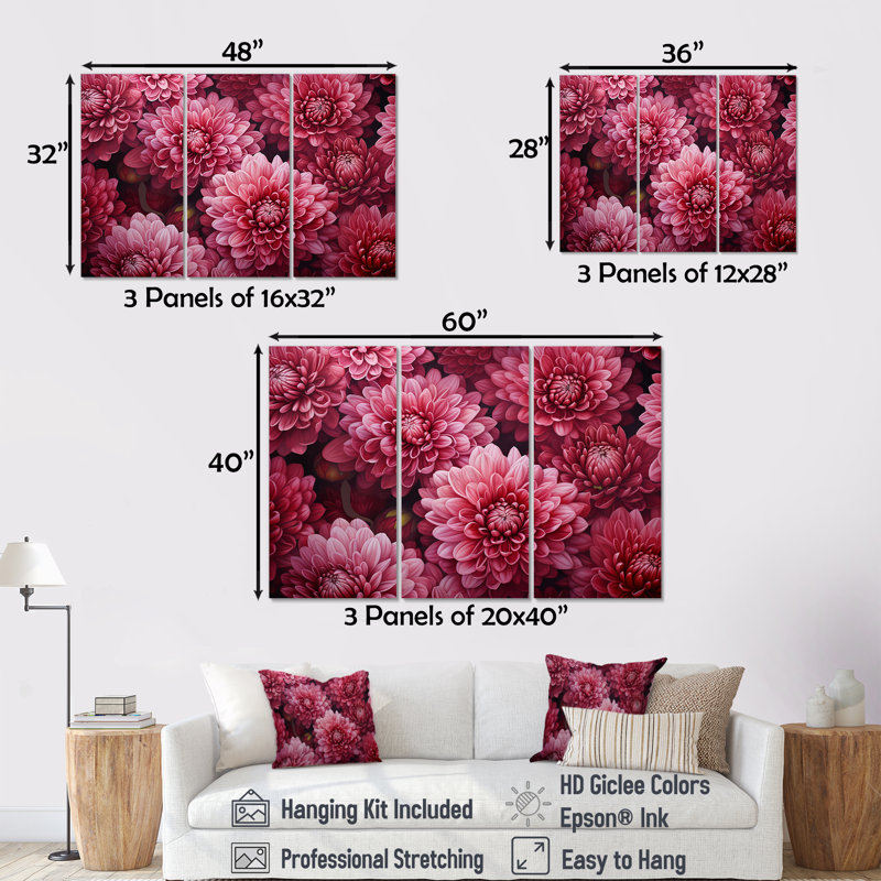Mums Musing Mellow Maroon - Mums Wall Art, ensemble de salon, Toile tendue, H 32 po x l 48 po x P 1 po