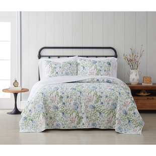 Ensemble de courtepointe réversible bleu champ / vert / rose