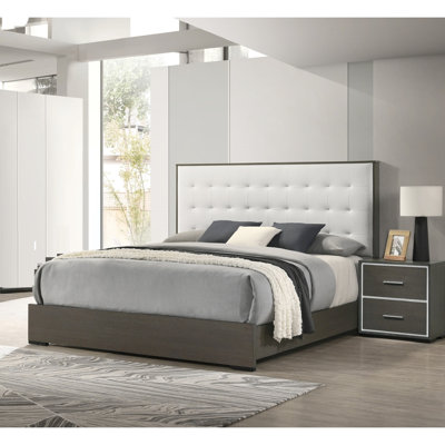 Lit double tapissier contemporain à panneau contemporain avec tête de lit à boutons gris et pieds en métal gris contemporain