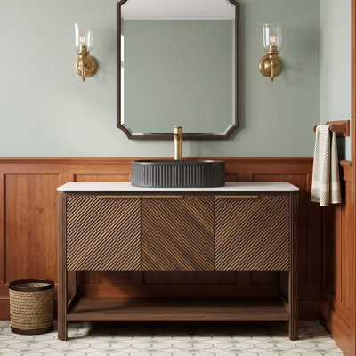 Meuble-lavabo autoportant en noyer foncé 48 po, plateau en pierre frittée et lavabo ovale en céramique rayé noir, 2 portes diagonales rayées avec tablette de rangement ouverte