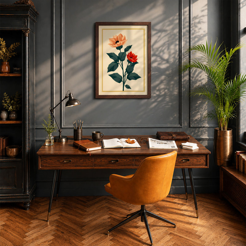 Two Blooms on Stem Botanical - Framed Print, A3 - 42.0 x 29.7 cm, Walnut