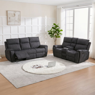2 Piece Soft Fabric Manual Recliner Sofa Set, 3-Seat Reclining Couch & 2-Seat Loveseat with Center Storage Console, Home Theater Reclining Furniture for Living Room, Apartment & Basement