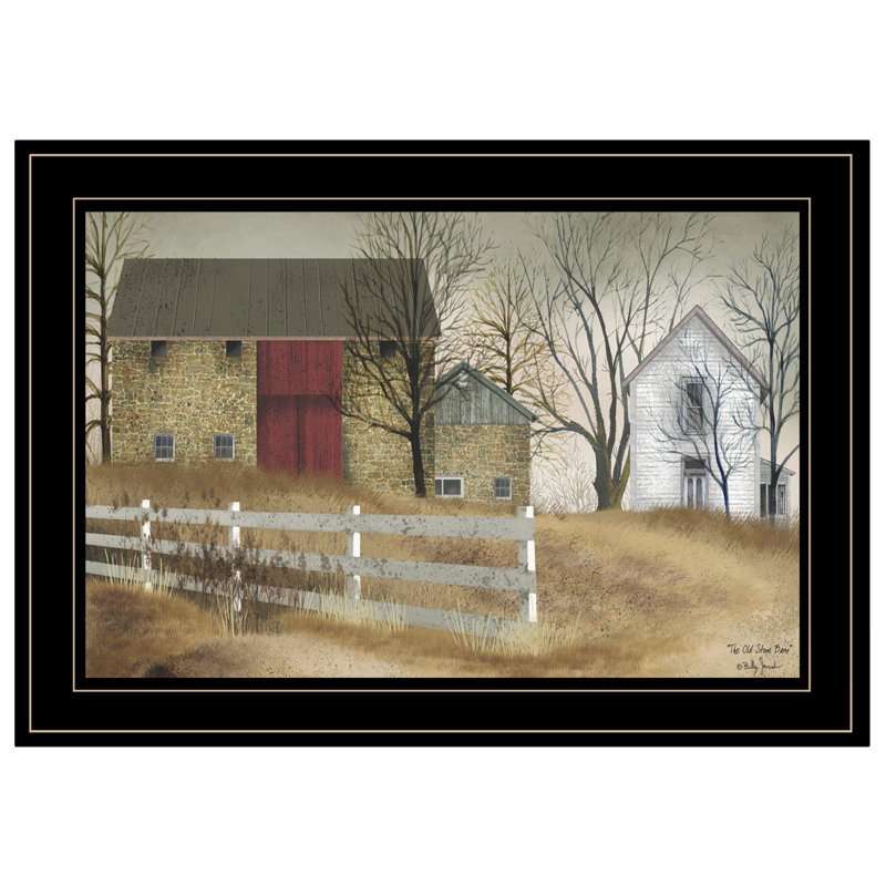 Old Stone Barn by Billy Jacobs - Picture Frame Painting Print on Paper, Black Framed, 15" H x 21" W x 1" D