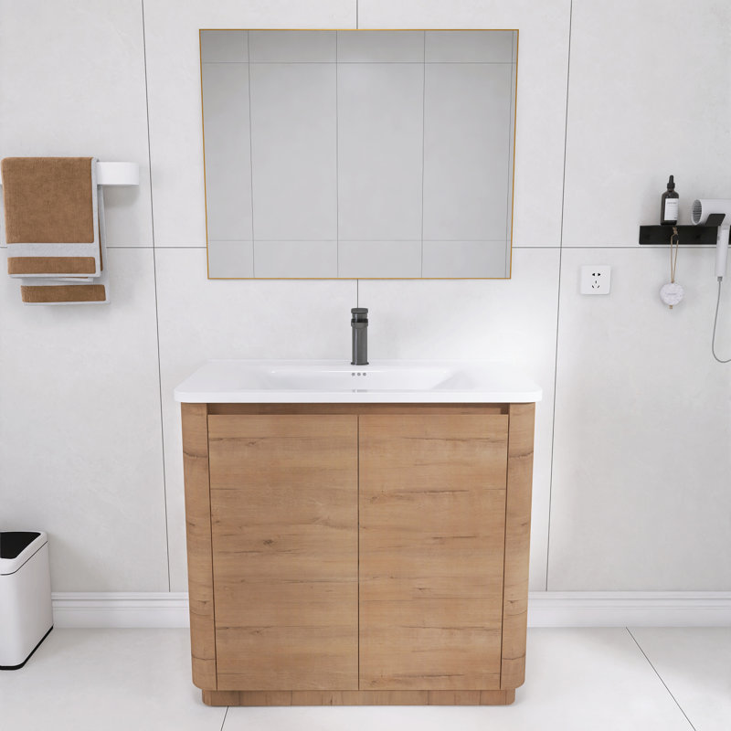 Ensemble de meuble-lavabo simple 36 po avec plateau en céramique Ornar, meuble-lavabo simple autoportant avec lavabo en céramique