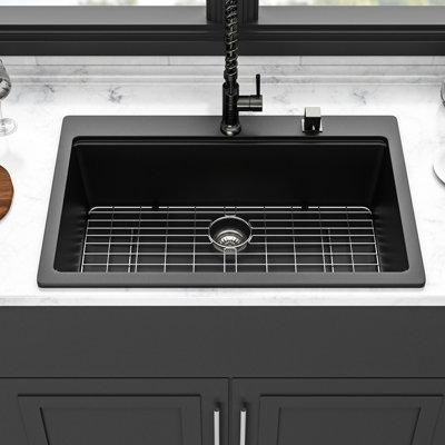 33x22" Black Granite Quartz Kitchen Workstation Sink, Composite, Non - Porous To Reduce Dirt, Smooth Scratch Surface, Comes With And Strainers Composite Drop In, Thick Strong, Keep Clean, Drying Rack