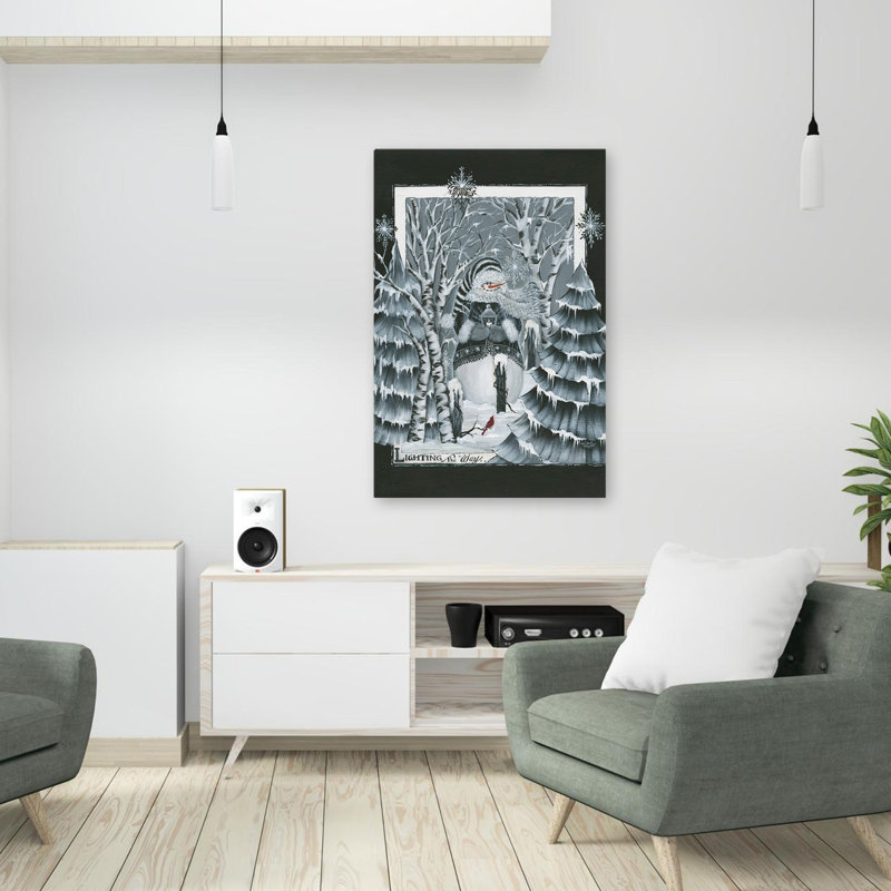 «Lighting The Way - Contemporary Snowman In Winter Forest Cardinal Bird, arbre enneigé, art, H 24 po x l 36 po