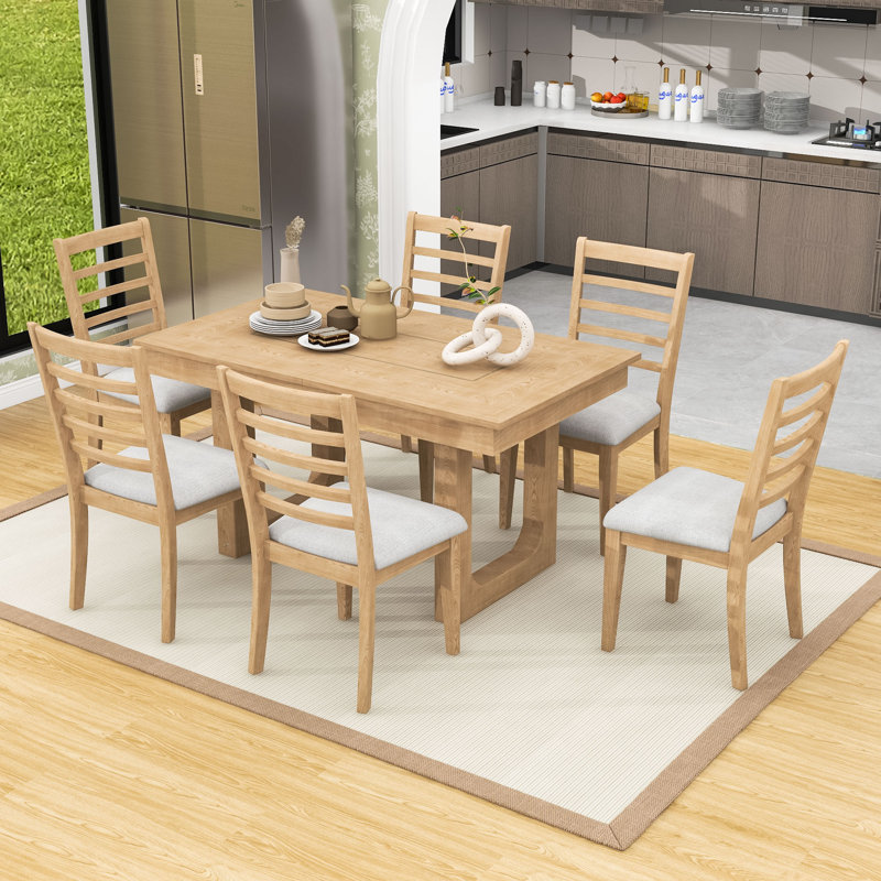 7Pcs Extendable Dining Table Set with Rustic Wood Table and 6 Upholstered Chairs, Natural