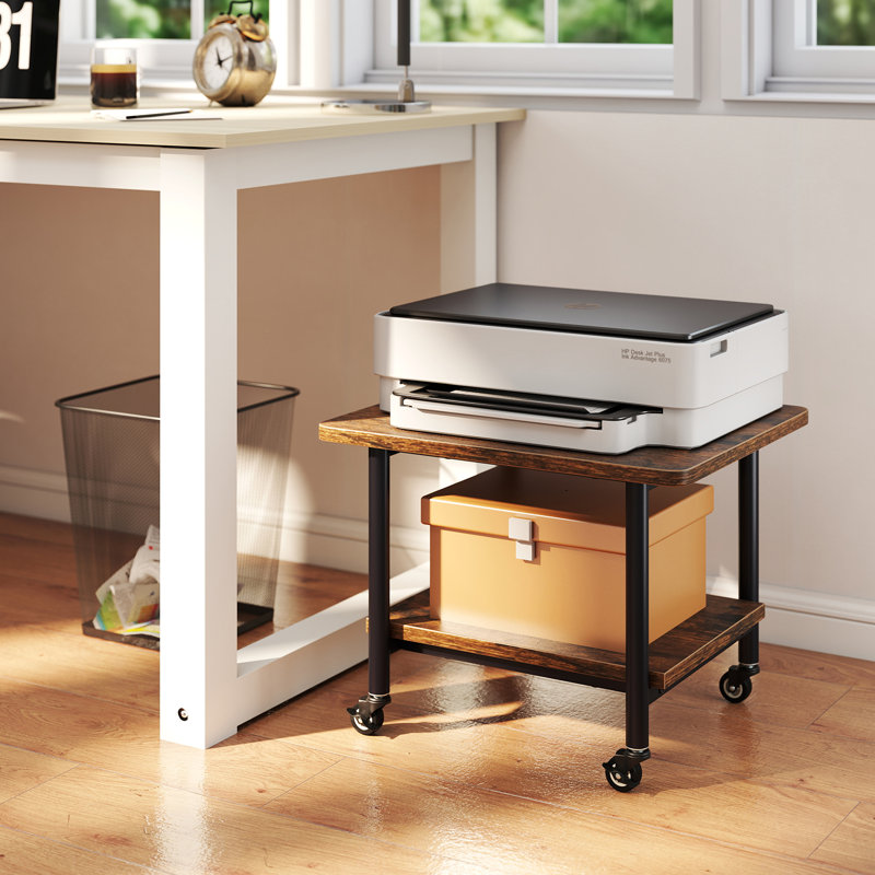 Brown 2-Tier Rolling Under Desk Printer Stand with Storage Shelves
