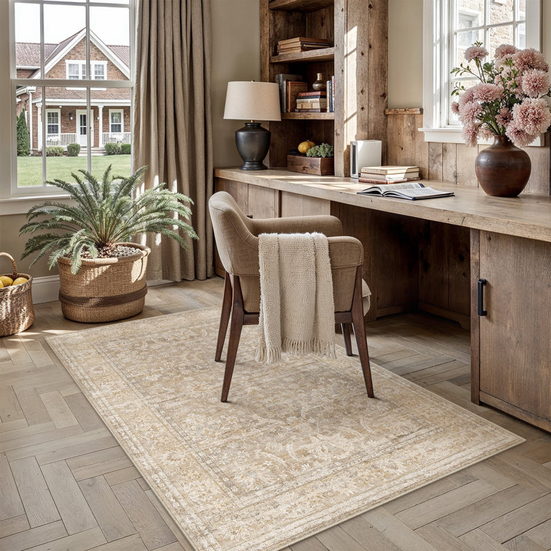 Quinn Vintage Washable Area Rug With Non-Slip Backing, Light Brown, Rectangle 3' x 5'