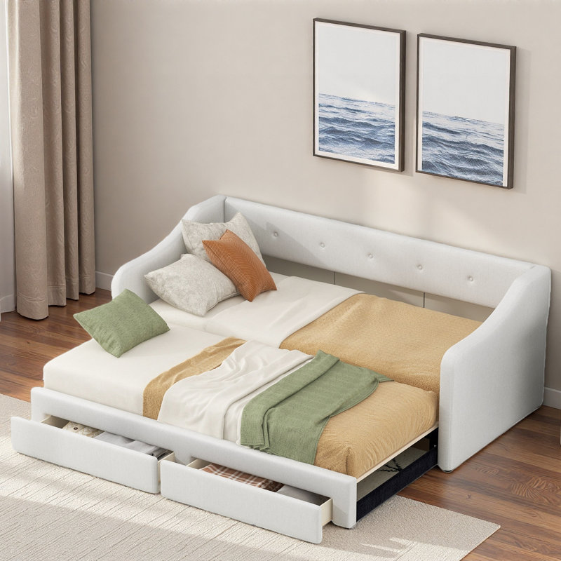 Lit de jour simple tapissier très grand avec deux tiroirs, Beige