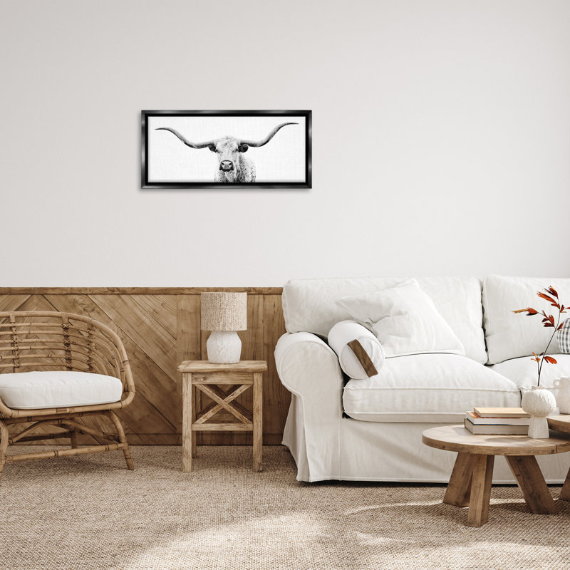 Modern Longhorn Cattle Gazing, 11" H x 25" W, Jet Black Floater Frame