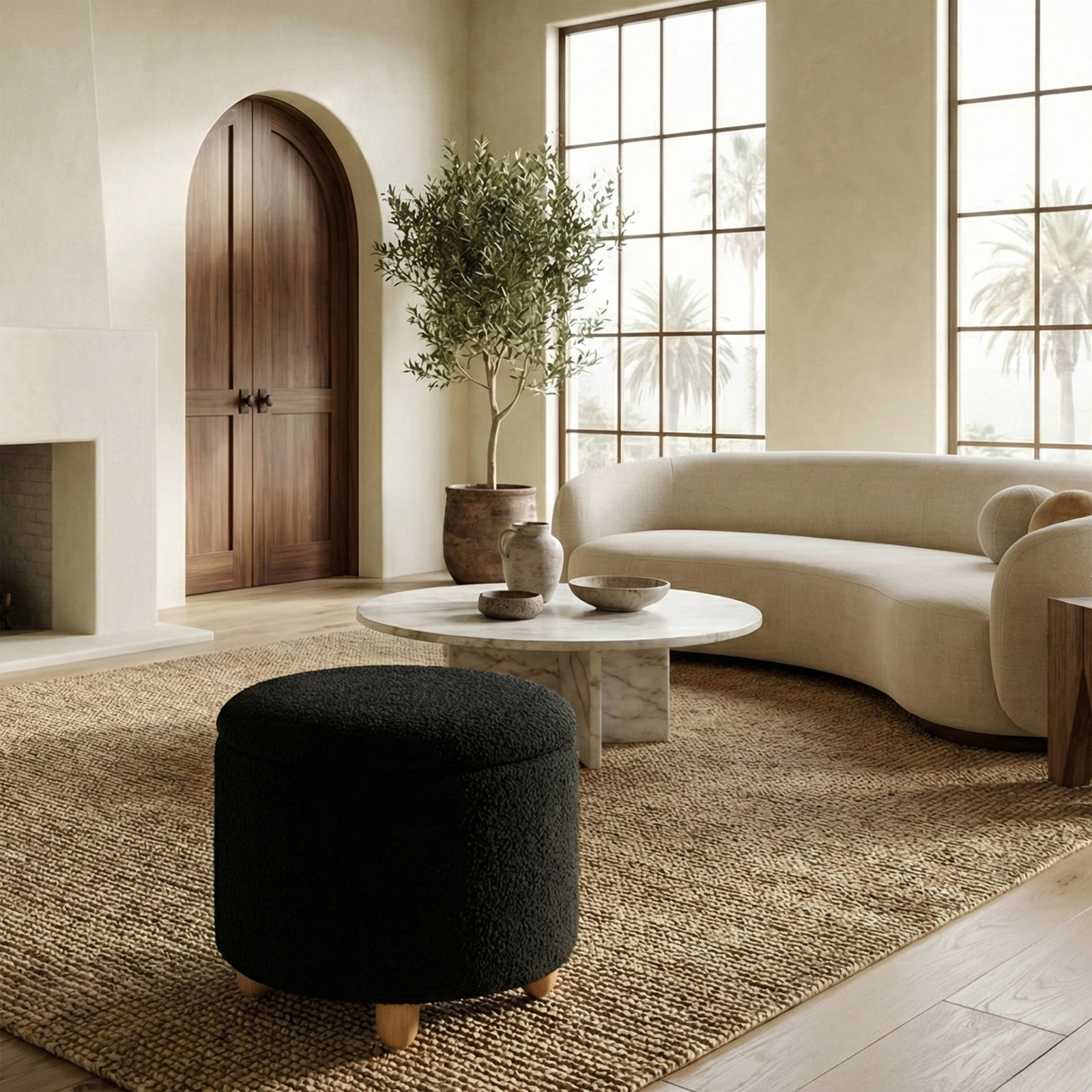 Mancora 21" Ottoman, Black Boucle