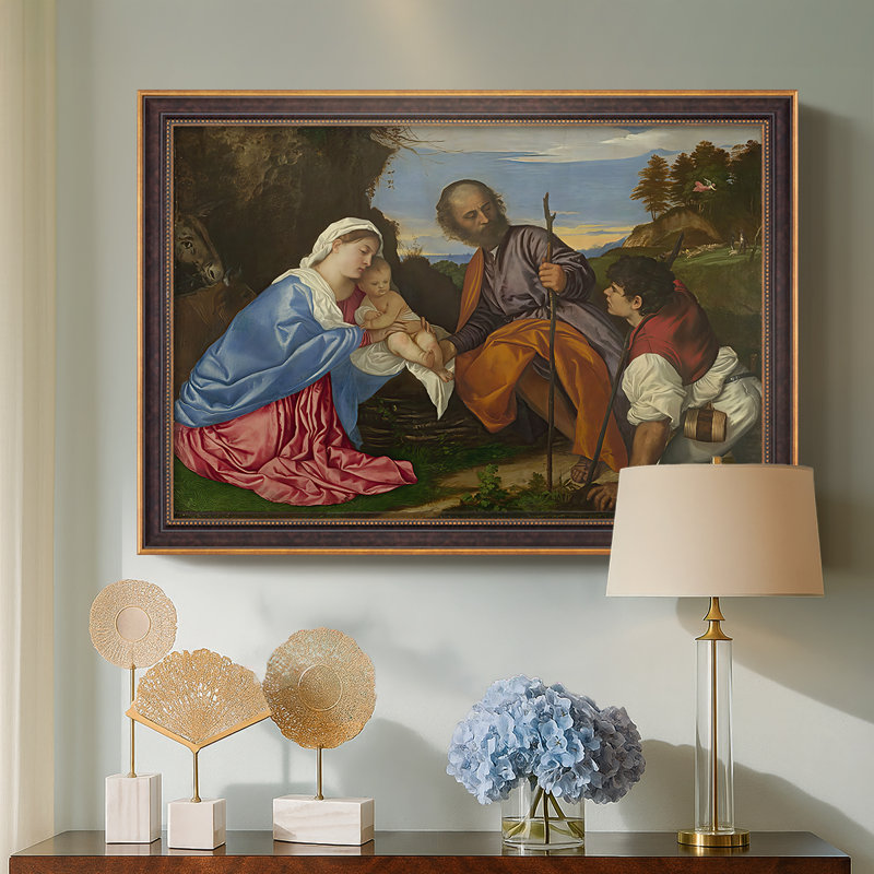 La Sainte Famille avec un berger, v. 1510 - Titien (Tiziano Vecelli) - Toile encadrée sur mesure, 28 x 40, No, Venetian Gold