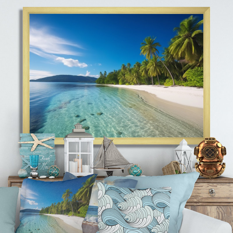 Océan bleu paradis - plage moderne, art mural, H 12 po x l 20 po x P 1 po, Cadre doré
