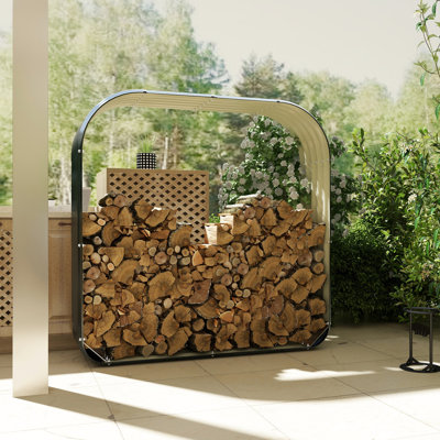 Galvanized Steel Firewood Storage, 57"X17"X57", Dark Gray. To Weather Changes. Enhances Air Circulation For Dry Logs. Safe Rubberized Edge. Assembly Gloves Supplied Shed, 57" W X 17" D H. Keeps Wood
