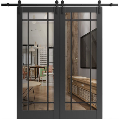 Sturdy Double Barn Door with Clear Glass Lucia 2266 Matte Black 13FT Rail Hangers Heavy Set Solid Panel Interior Doors-60" x 96" (2* 30x96)-Black Rail-Clear Glass