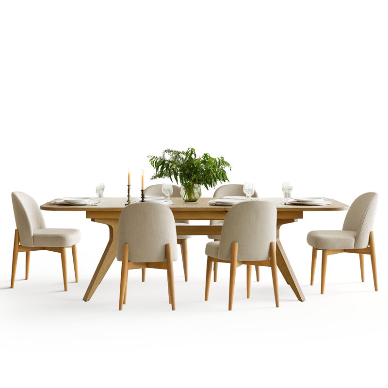 7-Piece 78"-96" Extendable Trestle Dining Set with 6 Linen Chairs, Beige