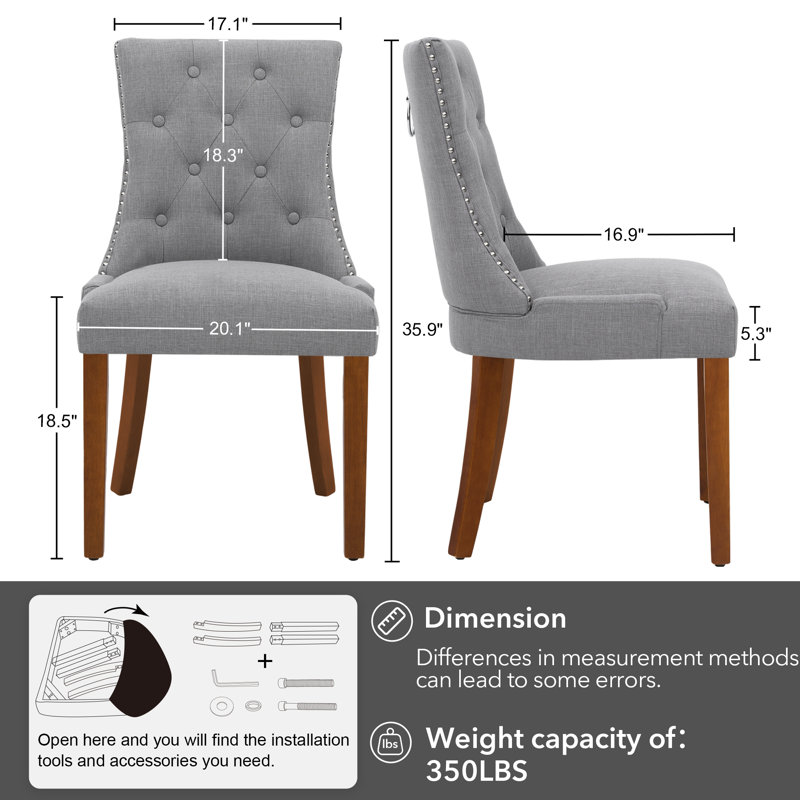Tufted Upholstered Dining Chairs with Solid Wood Legs, Light Gray, Brown Wood