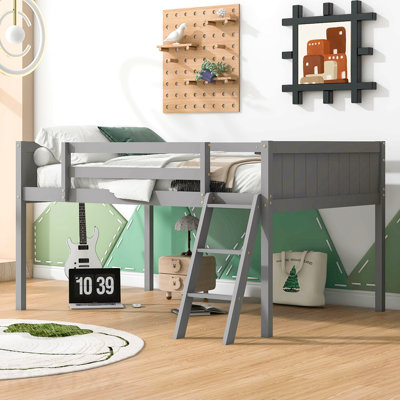 Lit mezzanine double en bois pleine grandeur avec échelle, l'échelle peut être placée à gauche ou à droite, gris