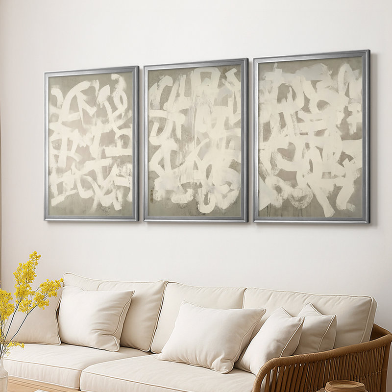 ABSTRACT Series DCCxxxx - Toile tendue avec châssis encadré - 3 pièces, H 21 po x l 30 po, Argent argent
