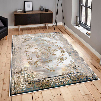 Premium 100% Cotton Area Rug (4 x 6 ft), Cream, Grey & Camel | 1200 g/m², 0.3 in Pile Height, Antibacterial, Non-Slip PVC Underside | Machine Washable, Ideal for Living Room, Bedroom & Dining Area
