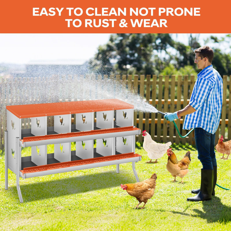 10 Compartment Metal Chicken Nesting Boxes with Roll-Away Egg Tray, Perch & Lid, Double Horizontal Lines & Vented Holes, Wall-Mount or Freestanding with Metal Legs for Hens & Ducks, Orange