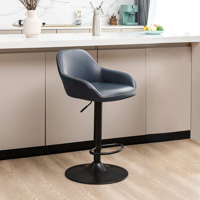 Bruckner Swivel Upholstered Faux Leather Adjustable Height Counter Stool with Steel Frame, Navy Blue