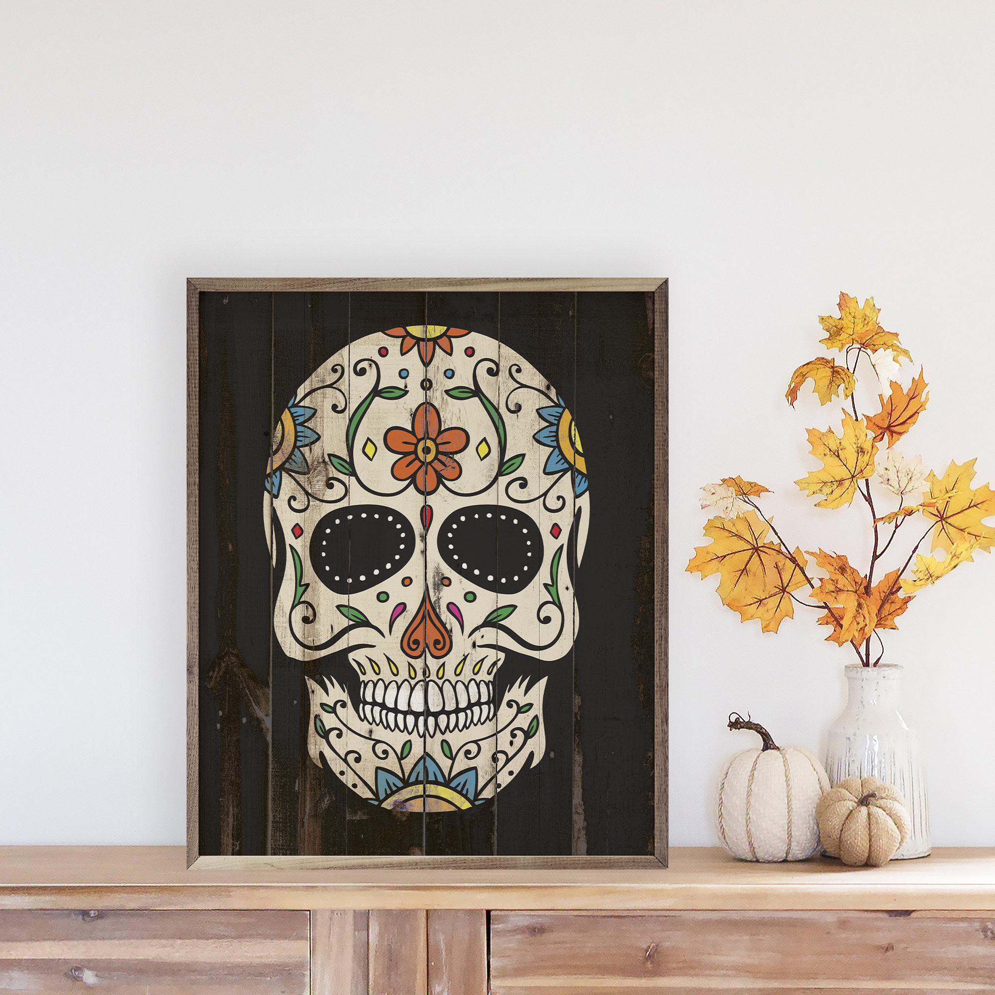 The Holiday Aisle® Sugar Skull Framed On Wood Print Wayfair