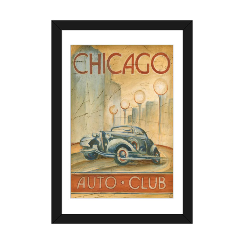 «Chicago Auto Club», affiche vintage sur toile, H 24 po x l 16 po x P 1 po, Papier beaux-arts encadré noir, Blanc