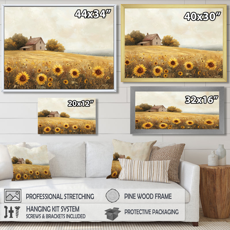 Diwan, tournesols au bord de la ferme I - tournesols, art mural, H 12 po x l 20 po, Impression encadrée flottante, Doré