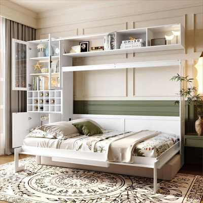 Space-Saving Multifunctional Full Size Murphy Wall Bed with Integrated Sofa, Built-In Shelves, USB Port and Lighting, MDF LVL Construction, White-Toned