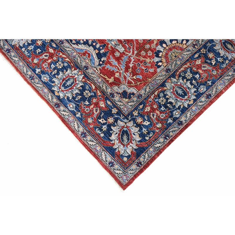 Tapis rouge et bleu marine noué à la main de haute qualité