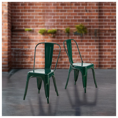 Set of 2 Dark Green Industrial Metal Dining Chairs, 18-Inch Counter Height Stools with Back Support