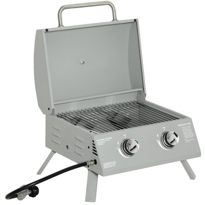 2 Burner Gas Bbq Grill Portable. Grey. Foldable Legs For Convenience. For Camping, Picnic, Backyard. Lid, Thermometer, Grease Tray. 21.75"L X 18.25"W 16.25"H Portable Propane Burner. Easy Movement.