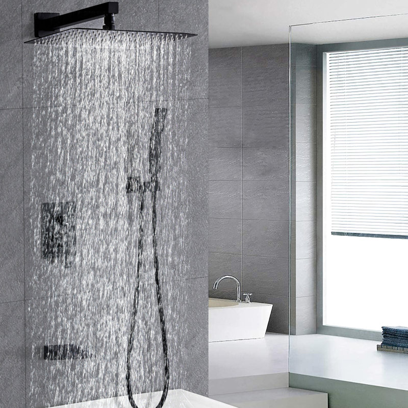 Ensemble de douche mural noir mat - tête de 12 po, système portatif, équilibré, disque en céramique avec finition à main, disque, baignoire