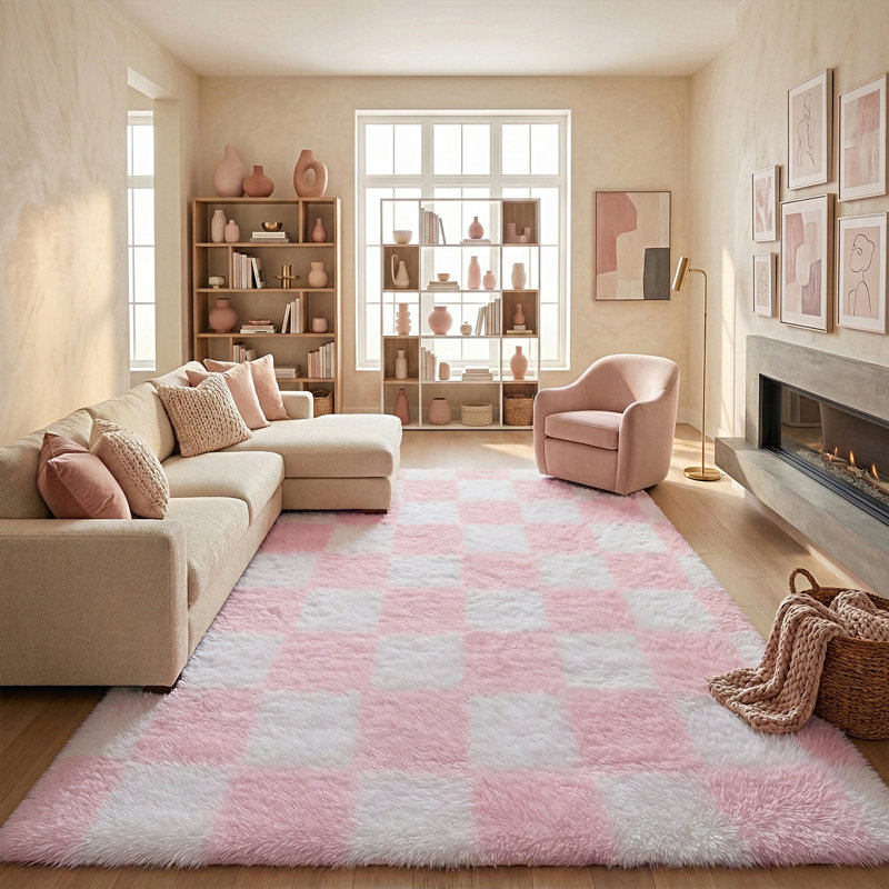 Plush Checkered Shag Area Rug - Soft Fluffy Pink & White Grid Fleece Carpet for Living Room, Bedroom, Dry-Clean Only, High-Pile Shaggy Rug with Modern Checkerboard Pattern, Cozy Non-Slip Floor Decor for Contemporary Home Spaces