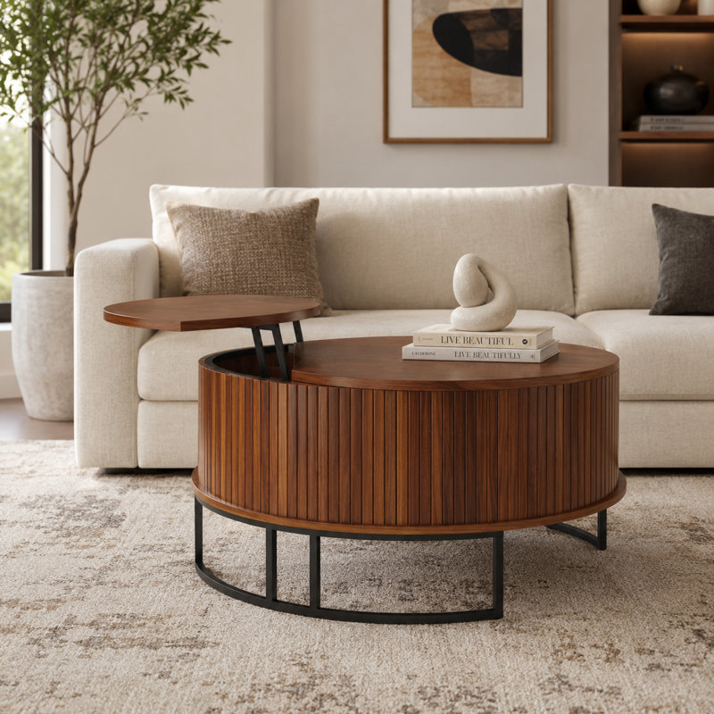 Table basse 31,5 po à plateau relevable rond avec rangement caché, table de bout Mid-Century moderne cannelée avec base en métal pour le salon
