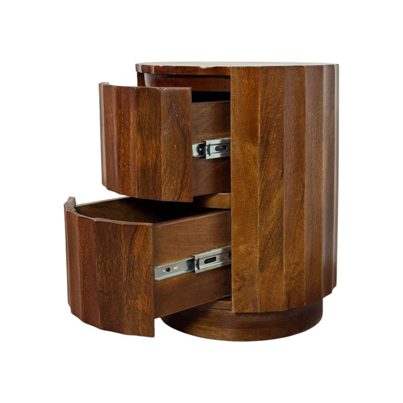 Élégante table d'appoint ronde brune de 16 po x 20,5 po avec conception festonnée et tiroirs de rangement intégrés, Brun