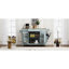 Îlot de cuisine cannelé K&K avec armoire de rangement pour poubelle, prise de courant, support de rangement interne, îlots de cuisine roulants sur 5 roues avec 3 tiroirs, 3 supports latéraux ouverts pour poubelle de 10 gallons, gris-bleu-129171819