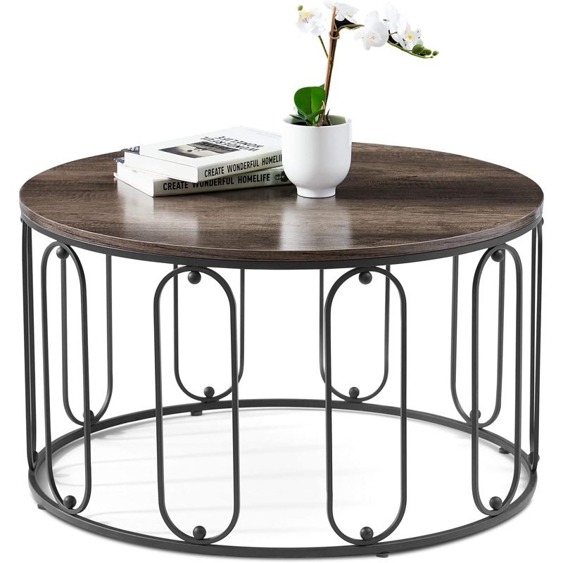 Meisel Round Coffee Table,Cocktail Tables,Faux Wood Grain Tea Table with Metal Frame