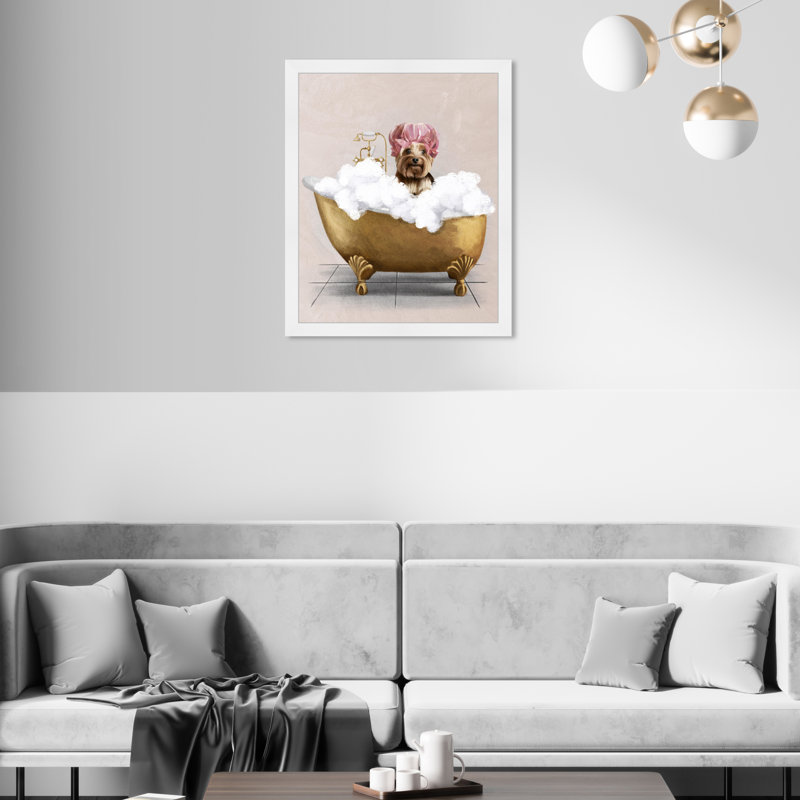 Bathaign Yorkie - peinture encadrée, H 18 po x l 18 po, Cadre blanc
