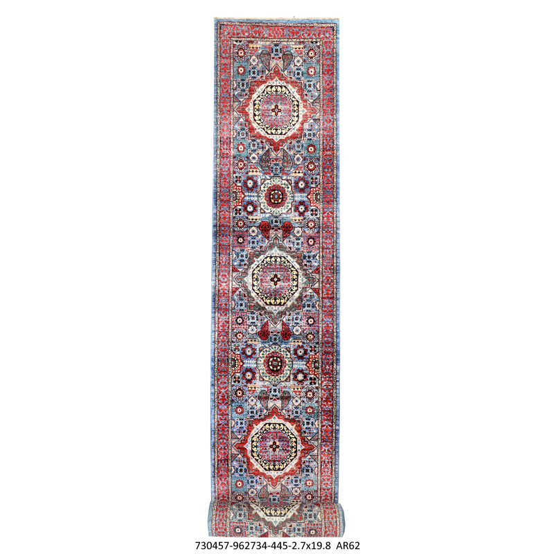 Tapis de couloir oriental bleu clair / rouge en laine noué à la main