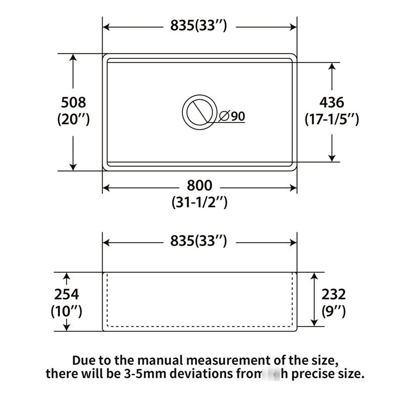 Évier de cuisine simple en céramique blanche 33X20 - poste de travail pour l'efficacité de la cuisine et la durabilité à long terme