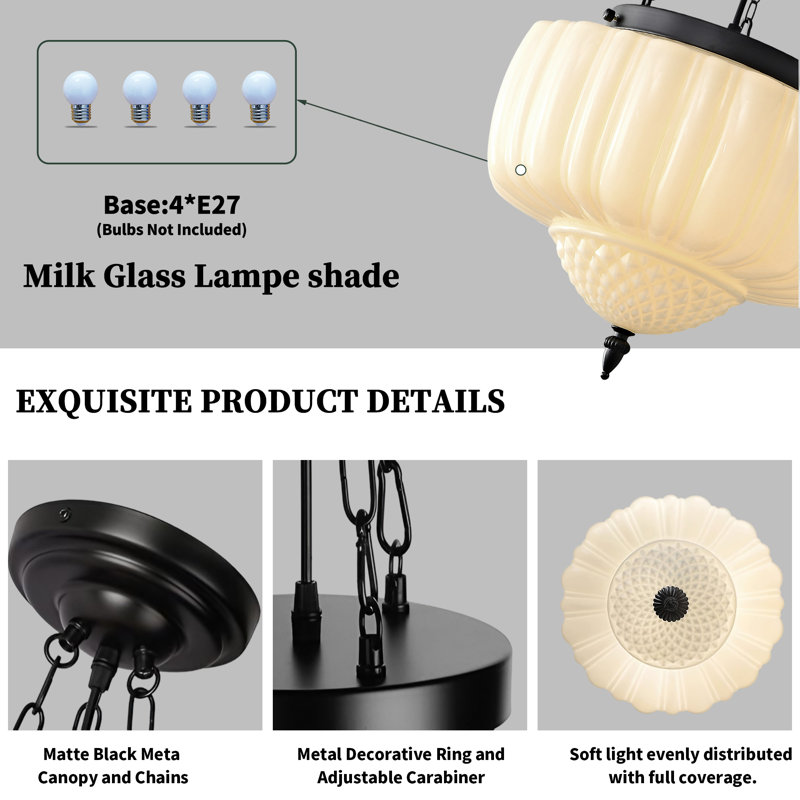 Large Milk Glass Pendant Light, White, Chain-Black
