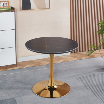 Table de salle à manger Mid-Century ronde pour 2 à 4 personnes avec panneau de fibres à densité moyenne lisse et plateau en céramique, conception peu encombrante pour la salle à manger ou le salon