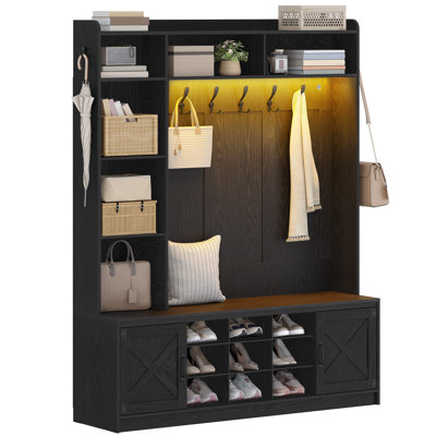 Hall Tree, 6-in-1 Farmhouse Entryway Bench with Shoe Storage Bench & Coat Rack, Entryway Furniture with 15 Cubbies & 5 Tri-Hook, Adjustable Shoe Stora