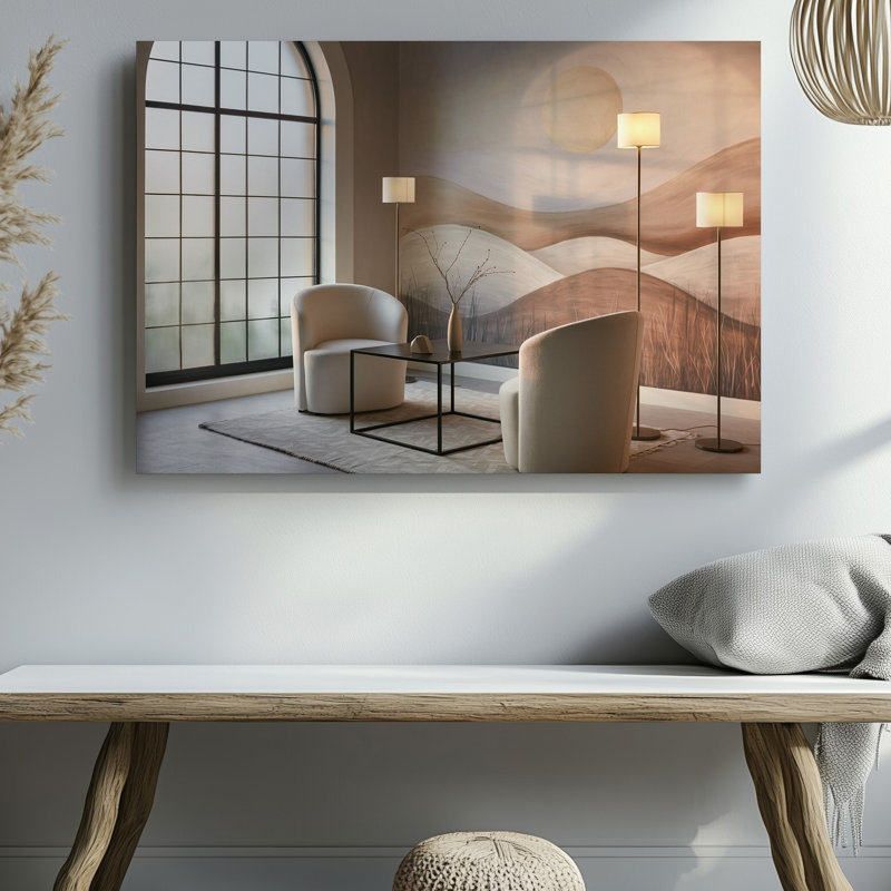Canvas A Serene Contemporary Living Space Featuring Two Elegant White Armchairs Wall Art With Curved Backs Set Against A Soft Muted Canvas Wall Art