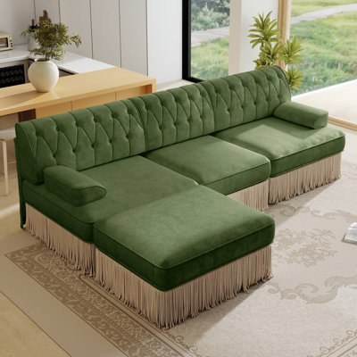 3-Seater Premium Quality Velvet Modular Cloud Sectional Sofa with Floor-Sweeping Tassel Fringe Skirt, Classic Button-Tufted Detailing, High-Density High-Resilience Foam Cushions, Hassle-Free Easy Assembly