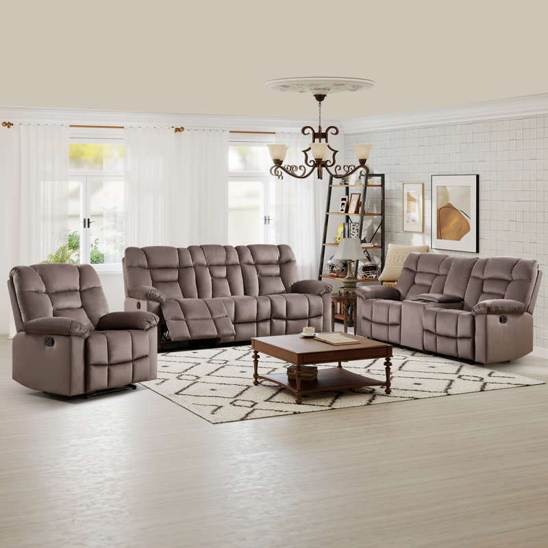 3-Piece Contemporary Manual Reclining Set With A Recliner Chair & 2-Seat Loveseat & 3-Seat Sofa, Mocha Brown