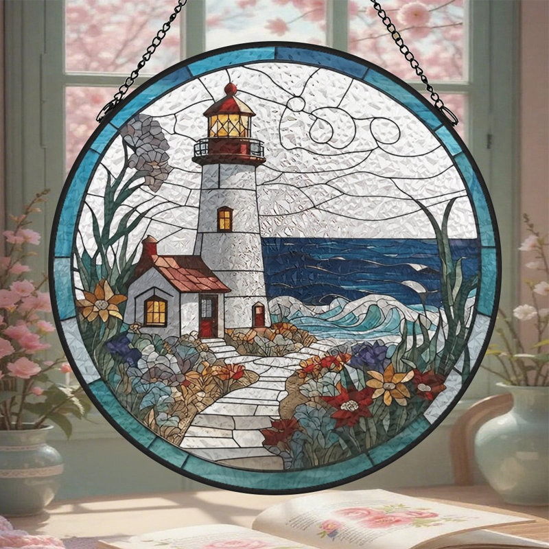 Vitrail de vitrail phare ondulé fleurs vitrail pour fenêtre, 6,3 x 6,3 po (16 x 16 cm)